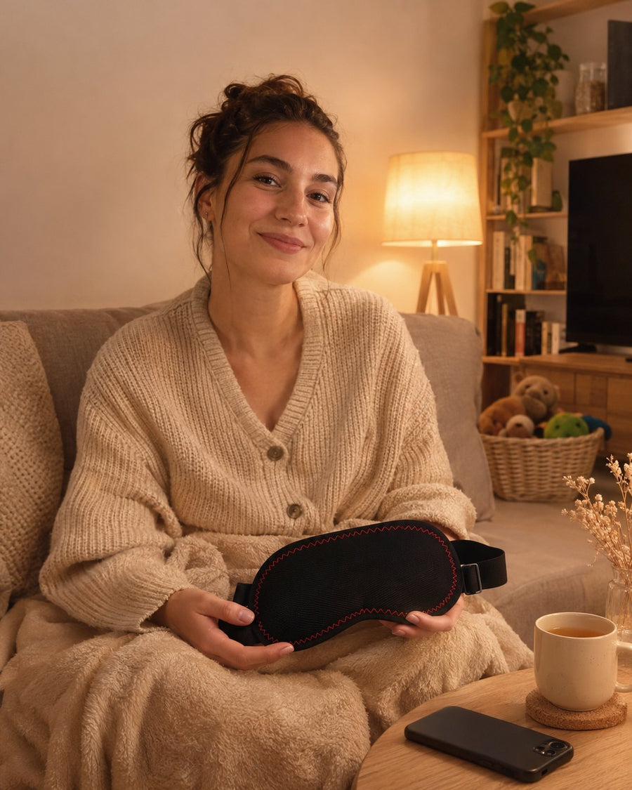 Une femme détendue sur son canapé, le téléphone posé, le masque Lunaeli dans les mains