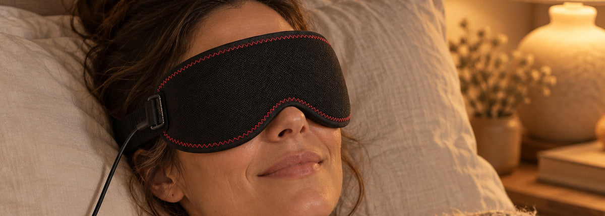 Femme détendue au lit avec le masque chauffant Lunaeli