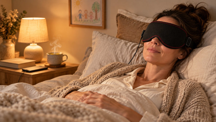 Une maman se détend au lit le soir avec le masque Lunaeli