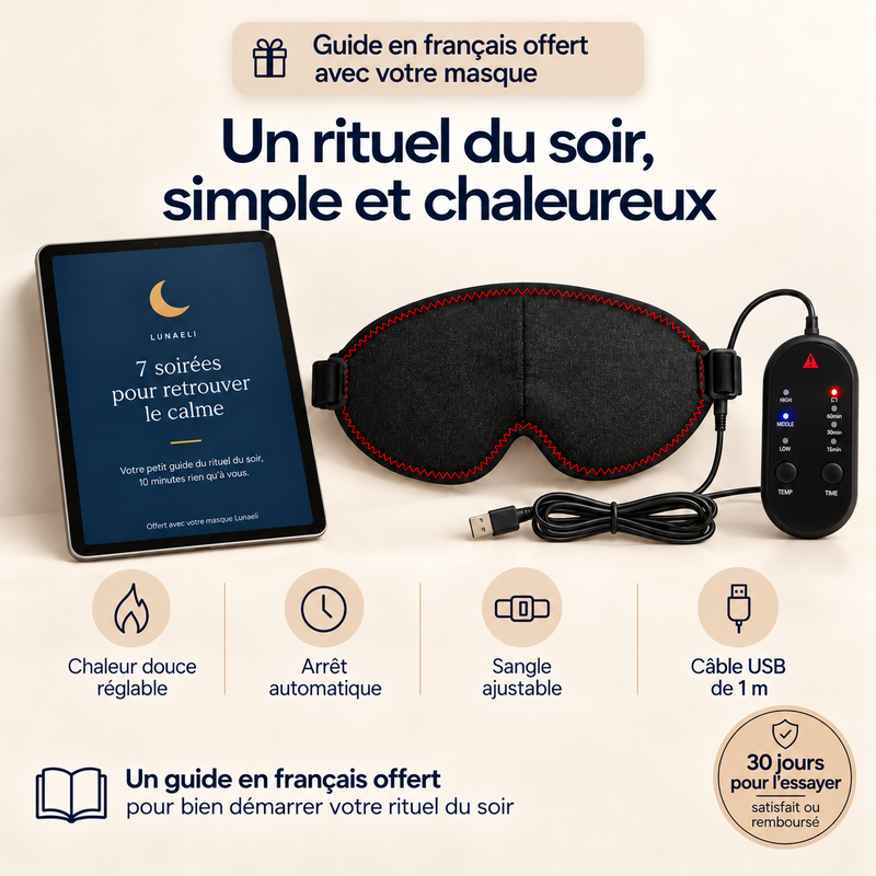 Masque chauffant Lunaeli Essentiel avec son boîtier de réglage et le guide offert