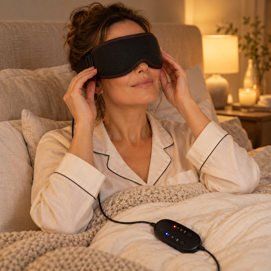 Femme qui met son masque chauffant Lunaeli le soir dans son lit