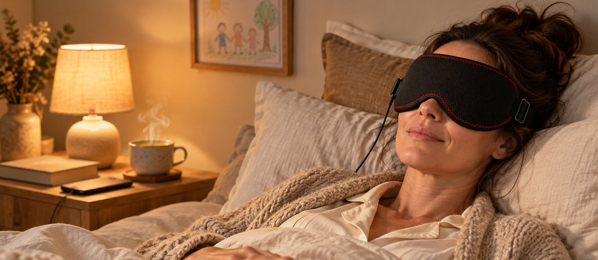 Une maman se détend au lit le soir avec son masque chauffant Lunaeli