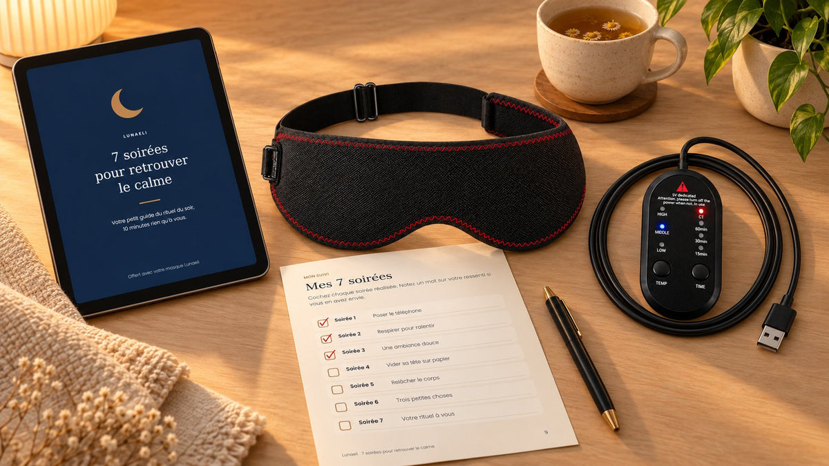 Le masque, son boîtier et son câble, le guide 7 soirées sur une tablette et la page de suivi, posés sur une table