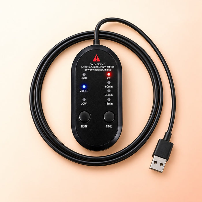 Le boîtier de réglage noir et son câble USB enroulé