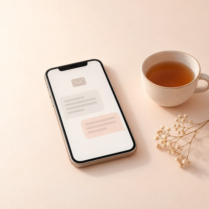 Un téléphone avec une conversation par e-mail avec le service client, à côté d'une tasse de thé