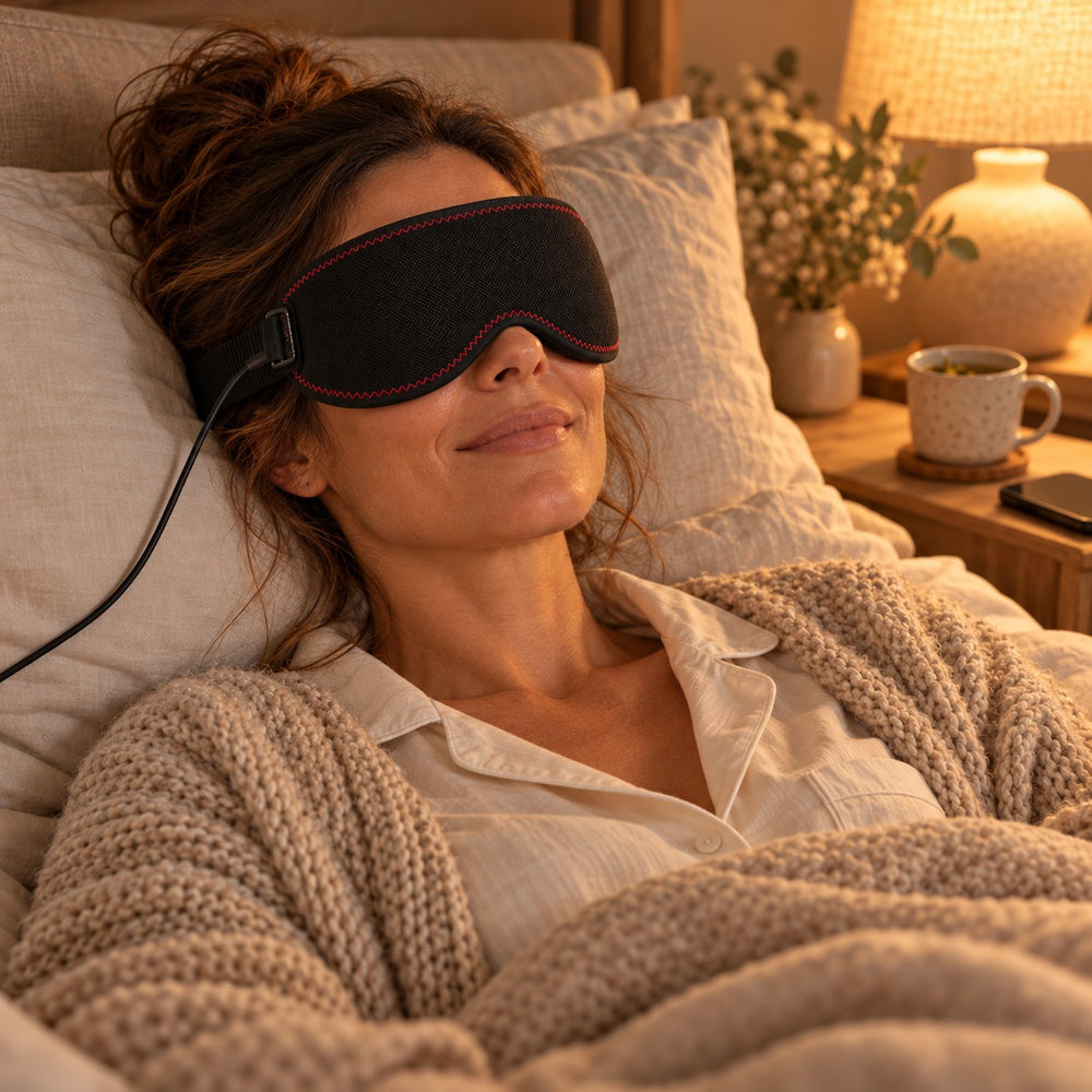 La même maman apaisée au lit avec le masque Lunaeli