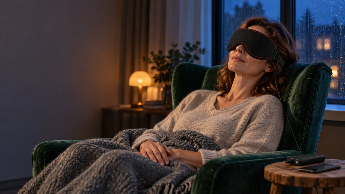 Une femme détendue dans un fauteuil vert, le masque Lunaeli sur les yeux, le soir près d'une fenêtre