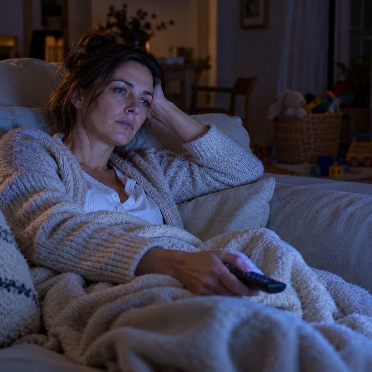 Une maman épuisée devant la télé le soir